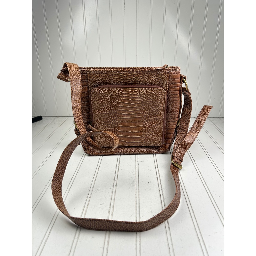 Coldwater Creek Vintage Sophie Brown Croc Embossed Leather Boho Crossbody Bag - Picture 3 of 14